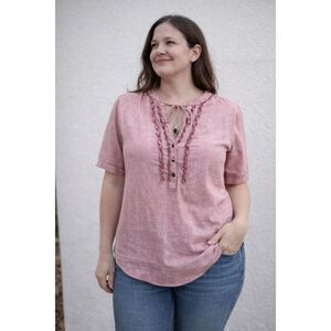 Timeout Los Angeles Pink Linen Blend Top Womens L Ruffle Split Neck Boho Blouse